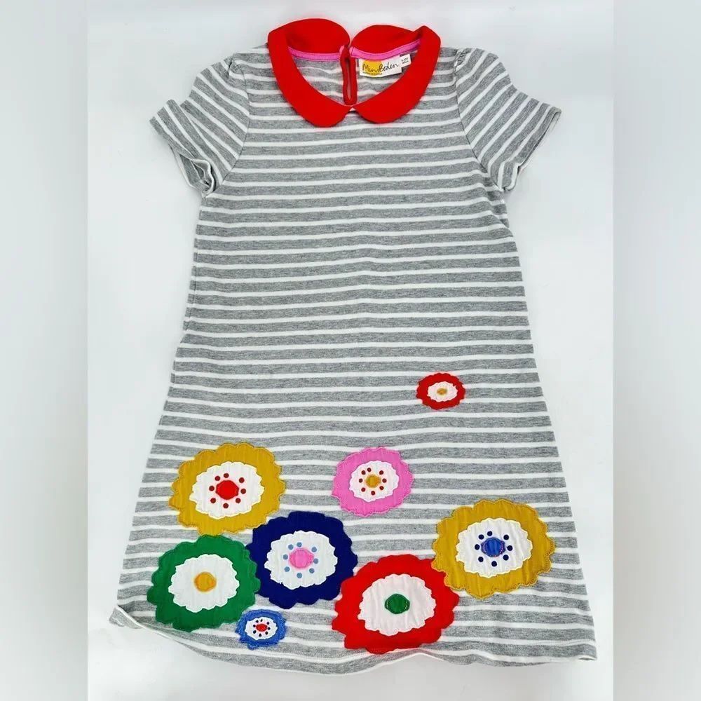 Mini Boden Striped Floral Appliqué Dress Red Collar Girls Size 9-10Y 140cm